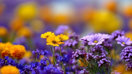 Obraz premium A beautiful, lively array of wildflowers fills the landscape with colors of yellow, orange, and purple, while bees buzz joyfully among the blossoms, creating a peaceful atmosphere