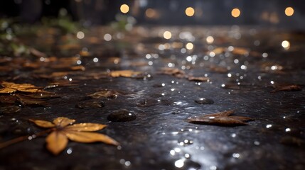 Close up of wet autumn leaves and raindrops on dark pavement illuminated by soft bokeh lights at night