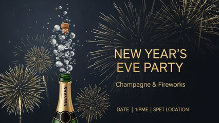 Sparkling champagne bottle with bubbles and fireworks display on dark background for new year's eve party celebration with gold text