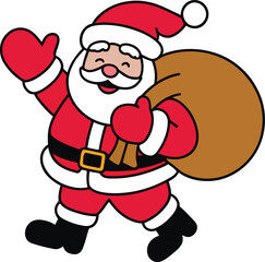 A cheerful cartoon santa claus walking and waving while carrying a large sack of gifts