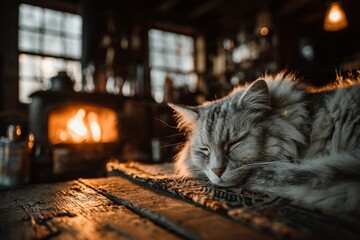 A fluffy cat curled up by the fireplace. Generative AI