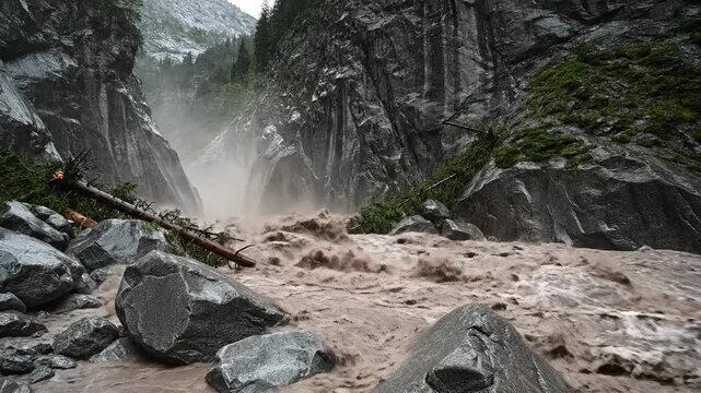  flowing torrent rushing through rugged canyon and rocky landscape