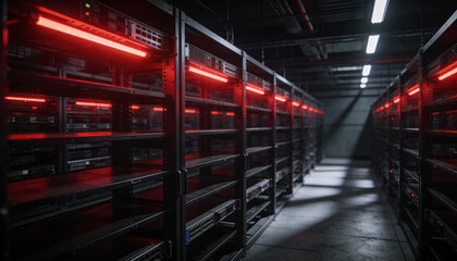 Dark Server Room with Red LED Lights and Rows of Empty Racks for Data Storage First-Class Technology Environment