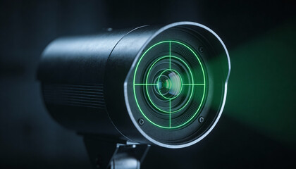 Modern Security Camera with Green Focus Indicator on a Dark Background for Surveillance and Protection Purposes