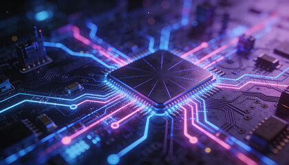 Abstract technology background showcasing a futuristic circuit board with glowing colors and intricate details of electronic components