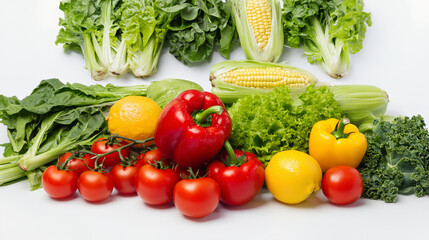 Fresh lettuce kale corn cucumber tomato lemon yellow bell pepper food border with copy space on white background