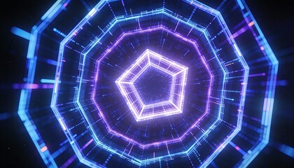 Futuristic Abstract Tunnel of Light with Geometric Patterns and Neon Colors in a Digital Space Environment