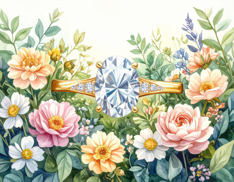 Diamond engagement ring in bed of roses and flowers, watercolor illustration for proposal, save the date card, wedding invitation, marketing or jeweler advertisement, traditional golden band