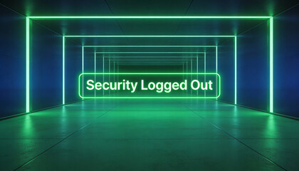 Futuristic Digital Environment with Neon Lights Displaying Security Logged Out Message in Modern Blue and Green Tones