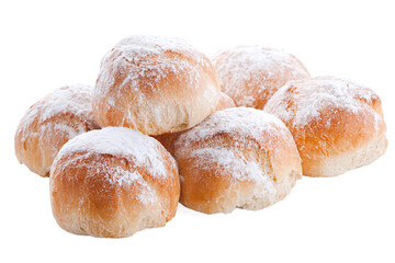 Pile of sweet buns isolated on transparent background, dusted with sugar