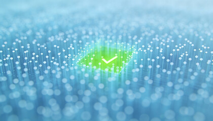 Abstract positive confirmation concept with check mark symbol in vibrant digital background filled with glowing spheres and particles