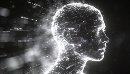 Digital silhouette of a human head with glowing particles and light effects representing technology and innovation