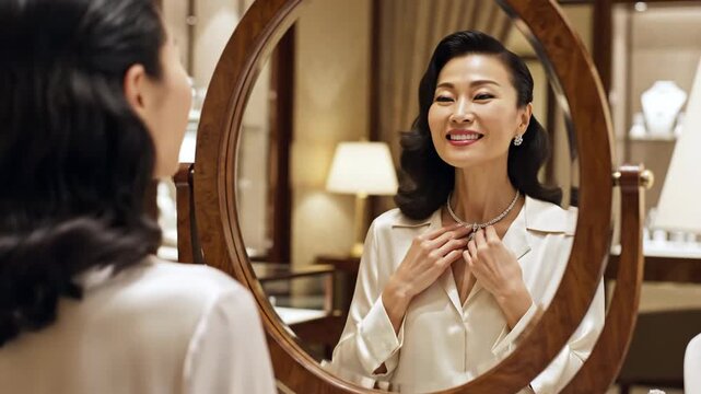 Elegant Asian Woman Tries On A Diamond Necklace In A Luxurious Jewelry Store Reflected In A Vintage Mirror