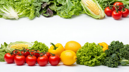 Fresh lettuce kale corn cucumber tomato lemon yellow bell pepper food border with copy space on white background