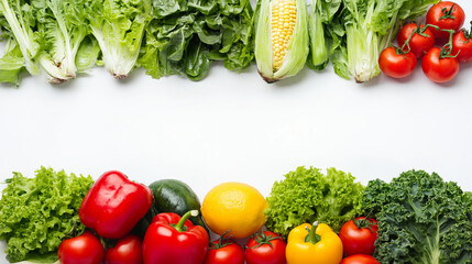 Fresh lettuce kale corn cucumber tomato lemon yellow bell pepper food border with copy space on white background