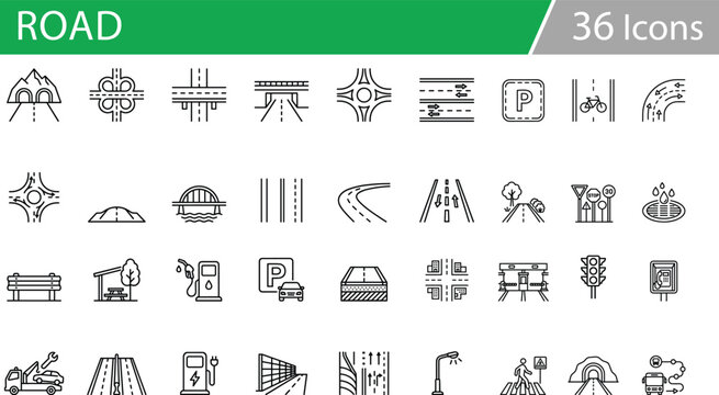 Grid of 40 black line icons for roads, transportation, and infrastructure, ideal for urban planning vector illustration content