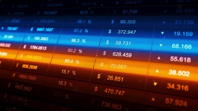 Seamless loop 3D animation of stock market table with blue and orange highlight bars, prices, percentages and arrows on a digital screen. Finance dashboard background.