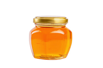Glass jar of honey isolated on transparent background, golden lid