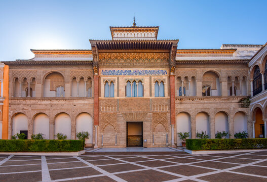 Palace of Peter and Patio de la Monteria (Hunt courtyard) in Alcazar of Seville, Spain