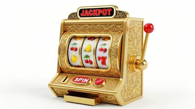 A gold slot machine with a jackpot sign on top isolated on white background