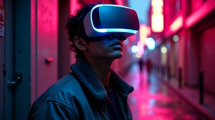 Cinematic Side Profile of Young Man in Futuristic VR Headset, Neon Cyberpunk City Alleyway, Vintage Bomber Jacket, Immersive Metaverse Technology Concept