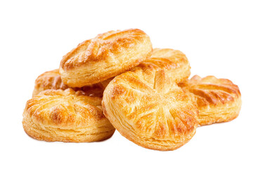 Pile of golden and flaky puff pastry isolated on transparent background
