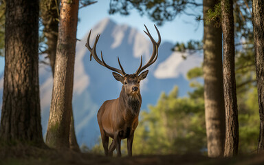 Stag with large antlers in forest and mountain backdrop isolated on a transparent background