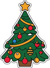 A festive cartoon christmas tree sticker illustration adorned with colorful baubles and a star topper