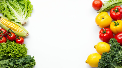 Fresh lettuce kale corn cucumber tomato lemon yellow bell pepper food border with copy space on white background
