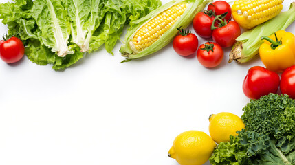 Fresh lettuce kale corn cucumber tomato lemon yellow bell pepper food border with copy space on white background