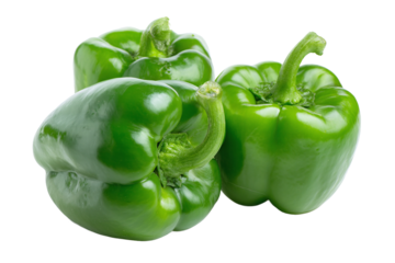 Three fresh green bell peppers isolated on transparent background