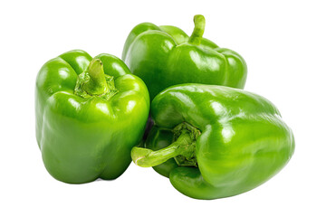Three fresh green bell peppers isolated on transparent background