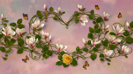 Beautiful arrangement of intertwined blooming white magnolia flowers with green leaves and yellow rose forming a heart shape framed by fluttering orange butterflies on pa