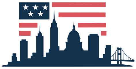  A bold navy city skyline silhouette features tall skyscrapers, a domed capitol, and a bridge, set beneath stylized red stripes and a blue flag with white stars.