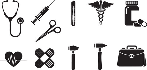 Obraz premium Medical and healthcare tools icon set black