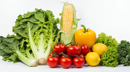 Fresh vegetable composition with lettuce kale corn cucumber tomato lemon yellow bell pepper on white background