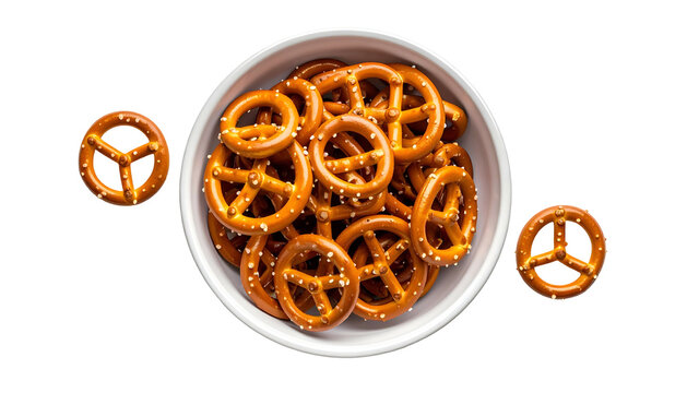 Overhead shot of a white bowl filled with hard pretzels, with three pretzels around the bowl on a black background