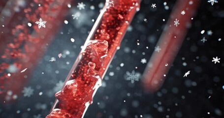Close-up view of red liquid in test tubes with snowflakes falling, suggesting festive skincare at Christmas