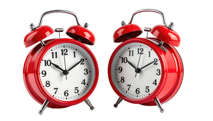 Two shiny red alarm clocks, face forward, showing different times, sitting side-by-side on a black background