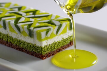 Elegant Geometric Dessert with Olive Oil Drizzle on White Plate Green and White Mosaic Pattern Sweet Treat Culinary Art Food Presentation