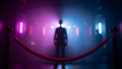 A silhouette of a person standing behind a red velvet rope in a dark club. Purple and blue ambient lighting, mysterious and alluring.
