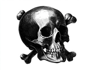 Monochrome etched skull and crossbones, dramatic high-contrast lines, floating on white, 43