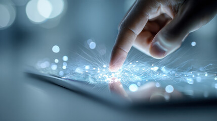 Human finger interacting with a digital tablet screen emitting glowing network connections symbolizing futuristic technology and digital communication concepts