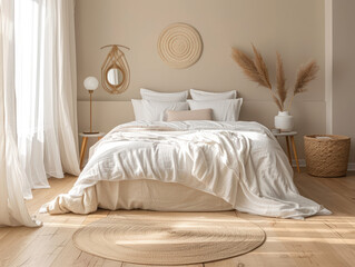 Cozy Scandinavian-style bedroom. Large bed with built-in linens and light furniture. There is carpet on wooden floor. Copy space.