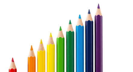 Seven professional rainbow colored pencils arranged like a growth bar graph on a transparent background. Concept of business success and progress