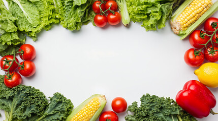 Fresh vegetable composition with lettuce kale corn cucumber tomato lemon yellow bell pepper on white background