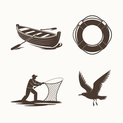 Ocean adventure silhouette set with rowboat, life buoy, male fisherman casting net, and seagull in flight. Vector illustration.