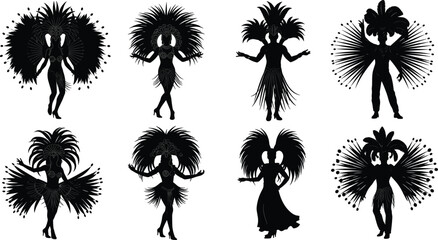 Carnival dancer silhouette set isolated on white background, samba showgirls with feather costumes, Brazilian festival celebration, elegant vector illustration © Md