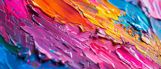 Abstract colorful oil painting on canvas. Oil paint texture with large brush and palette knife strokes. Multicolor background, wallpaper. Full frame.