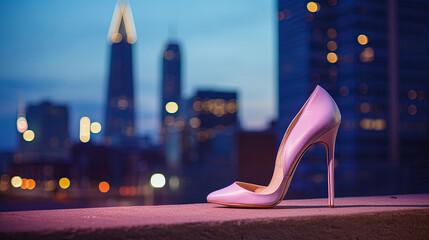 One woman's high-heeled shoe against backdrop of high-rise buildings in big city. Copy space.